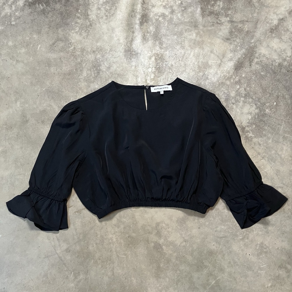 We Wore What Top Womens Size Medium Black Cropped Viscose‎ Poplin Bell Sleeve